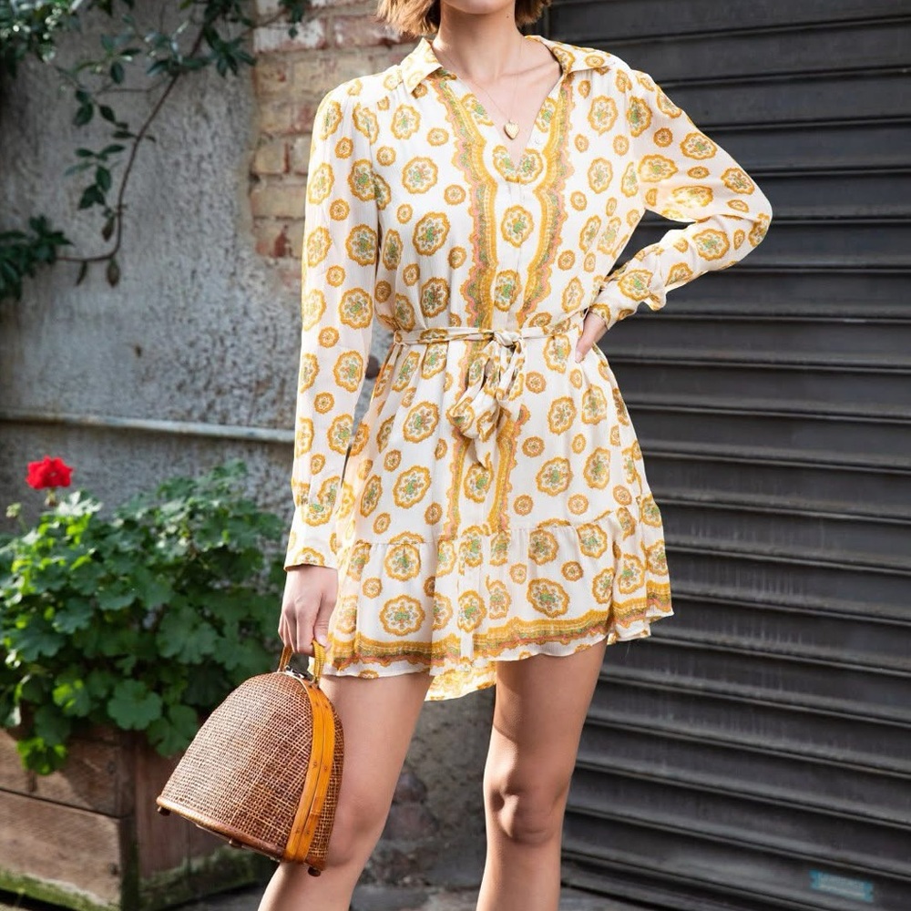 PAIGE Portofino Floral Crinkle Silk Chiffon Shirtdress in Birch Turmeric Size S‎